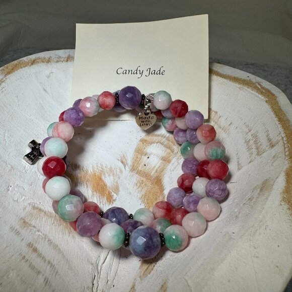 Handmade Candy Jade stones Rosary Wrap Beaded Bracelet With Cross & Heart Charms - Picture 2 of 8